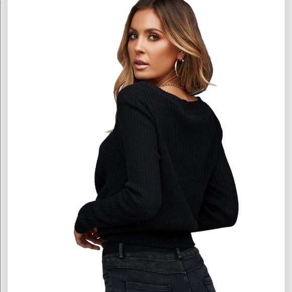 🔥HOT CHIC🔥Sexy V-Neck Twist Front Crop Sweater Black M/L NWT - Picture 3 of 8